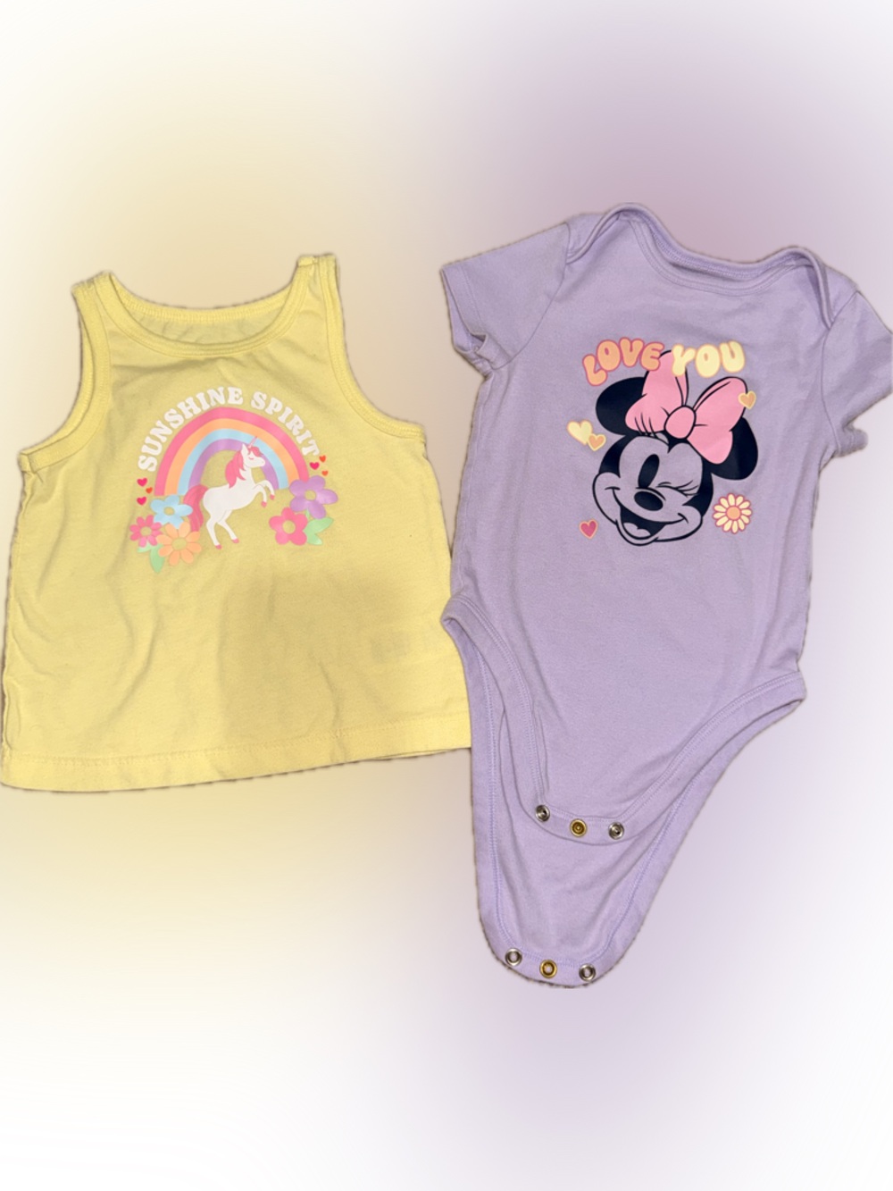 Purple Minnie Mouse Bodysuit & Yellow Unicorn Tank Set - Pastel Purple & Yellow